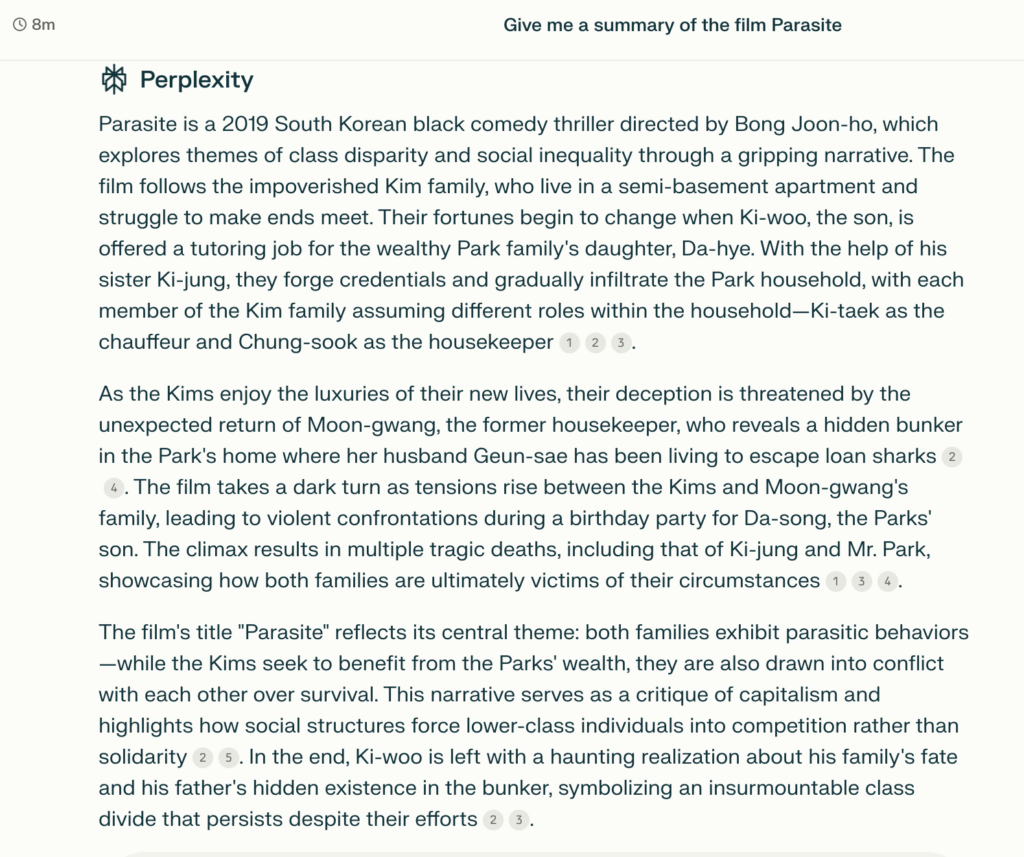 A summary of the film Parasite by Perplexity.ai.